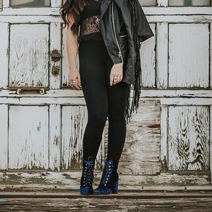 Navy Blue Lace Up Velvet Heeled Booties